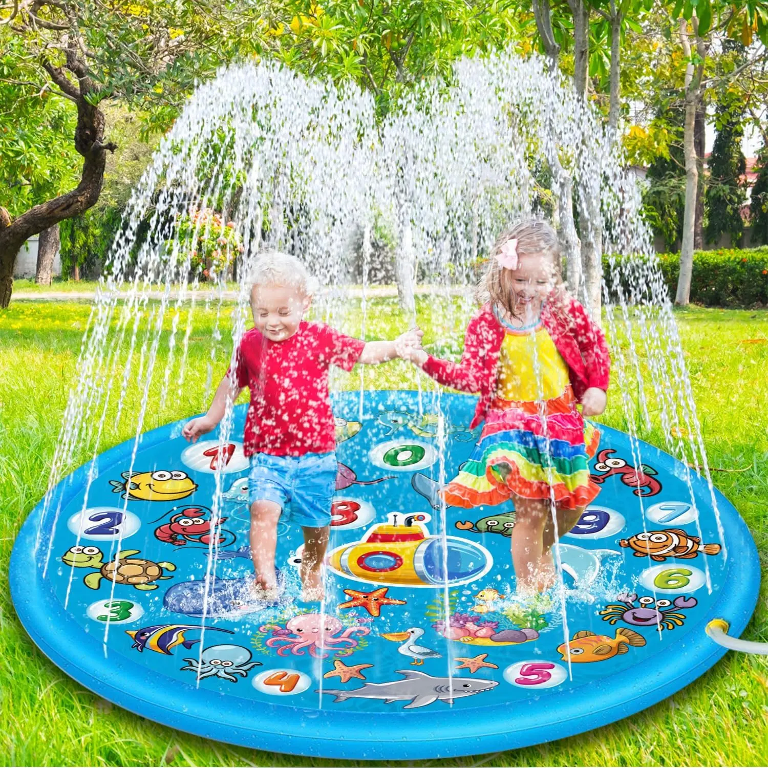 Kids Sprinkle and Splash Play Mat, 68'' Summer Garden Outdoor Spray Water Play Sprinklers Games Garden Beach Spray Mat, Sprinkle Splash Water Pad Toys Pool Toy Gifts for Boys Girls