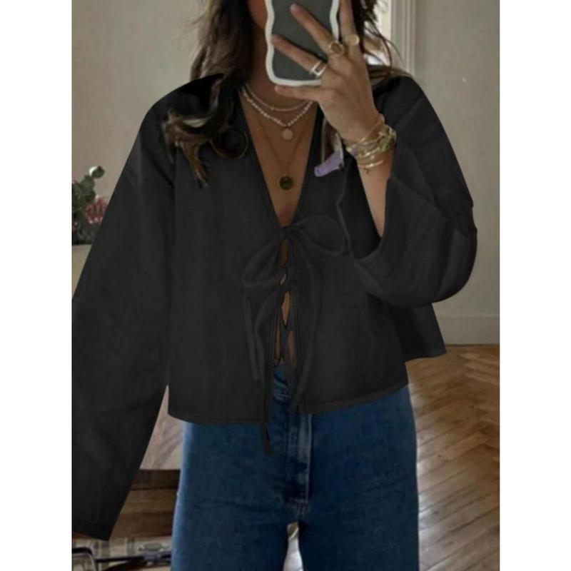 Women's Plain Tie Front V Neck Blouse, Casual Long Sleeve Top for Spring & Fall, Women's Clothing for Daily Wear, Workwear, January Workwear 3