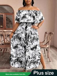 【Plus Size】 All Over Tie Dye Print Off Shoulder Dress, Casual Bohemian Fashion Long Dress for Daily Holiday Vacation Wear, Women Plus Clothing for Summer, Womenswear, Summer Clothes Women