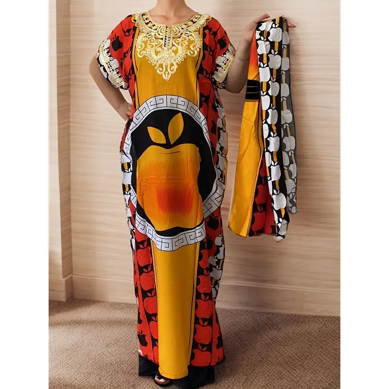 Elegant Plus Size Floral Print Kaftan - Breathable Polyester Round Neck Short Sleeve Maxi Dress for Women - Machine Washable, Perfect for Ramadan & All Seasons 2