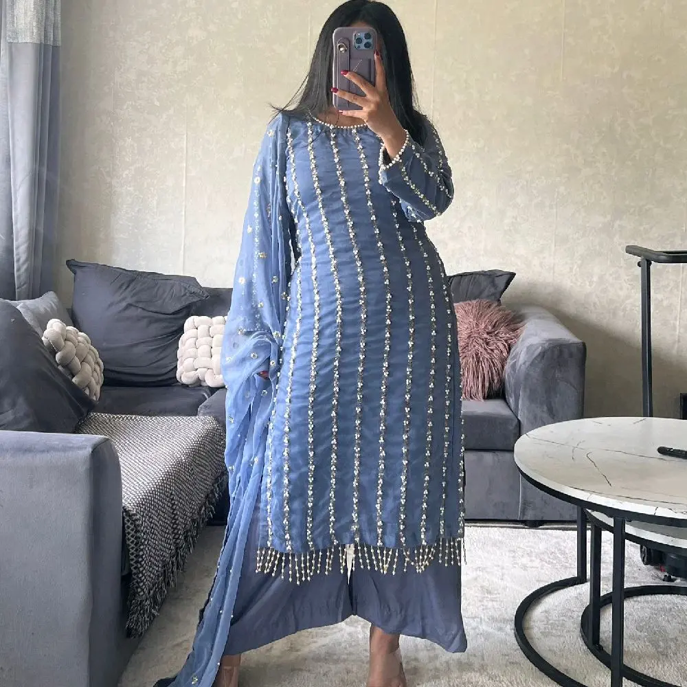 chiffon pearl dress comes with wide leg pants and chiffon duppatta.