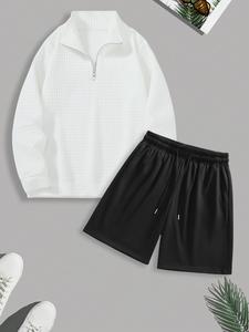 Men's Solid Color Half Zip Up Sweatshirt & Drawstring Waist Shorts Two-Piece Set, Casual Long Sleeve Pullover & Shorts for Fall & Winter, Men's Clothes for Daily Wear