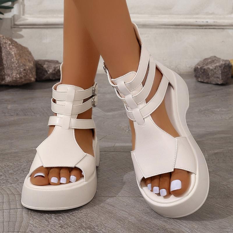 Product Introduction of Women'S White Platform Wedge Sandals - Large Size, Open Toe, Zipper Closure, Faux Cover, Comfortable Chunky Heel for Casual Wear, Casual Wear Sandals|Wide Platform Heels|Synthetic Cover Sandals, Chunky Heel Sandals 5