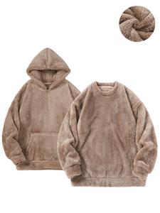 Men's Solid Color Drop Shoulder Half Zip Fuzzy Hoodie & Crew Neck Sweatshirt, Fashion Casual Loose Pocket Hoodie & Pullover for Daily Outdoor Wear, Men Fall & Winter Clothes