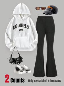 Two-piece Set Women's Baggy  Letter Print Pocket Hoodie & Flare Leg Pants Set, Casual Long Sleeve Hooded Pullover & Trousers for Daily Wear, Ladies Outfits for All Seasons Tops, Outfits To Hide Tummy Uk, Yoga Hoodie