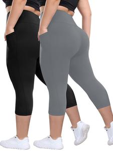 【Plus Size】 Solid High Waist Pocket Capri Leggings, Casual Comfy High Stretch Skinny Pants for Women, Women's Bottoms for All Seasons