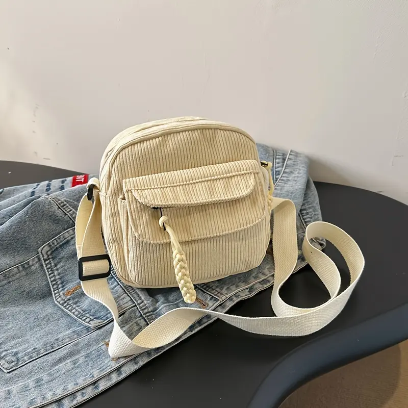 A&H     Harajuku-Style Vintage Corduroy Crossbody Bag - Japanese Casual Shoulder Handbag with Zipper, Striped Design and Polyester Lining - Unisex 1