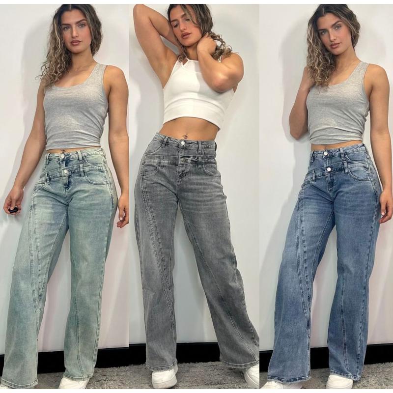 [HouseOfTrendz] RILEY Double Layered Wide Leg Jeans - High Waisted, Baggy, Denim, Double Belt, Double Layer, Pocket Detail, Street wear, Comfortable, Jeans, Womens Casual Cotton Fabric 0
