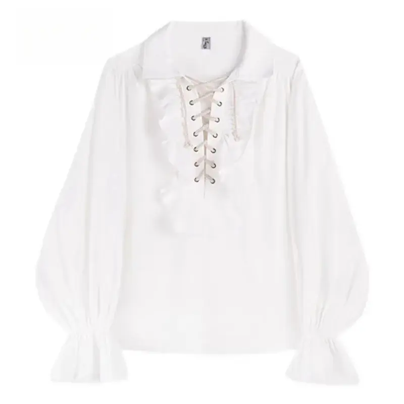 Victorian Style Women's Gothic Blouse Vintage Renaissance Pirate Prince Poet Shirt with Frills Lace-Up Medieval Buccaneer Top 5
