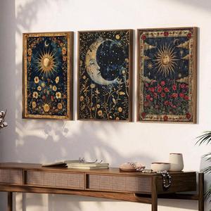 Vintage Floral Style Canvas Painting without Frame, 3 Counts/set Sun & Moon & Starry Sky Pattern Wall Art, Wall Decor for Home Living Room Bedroom