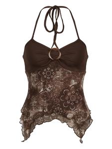 Women's Patchwork Floral Print Ruched Asymmetrical Hem Halterneck Sleeveless Top, Minimalist Lady Vintage Fit Lettuce Trim Tie Backless Top for Summer, Women's Clothing for Daily Wear, Womenswear, Brown Boho Clothes Halter Neck Crop Tops