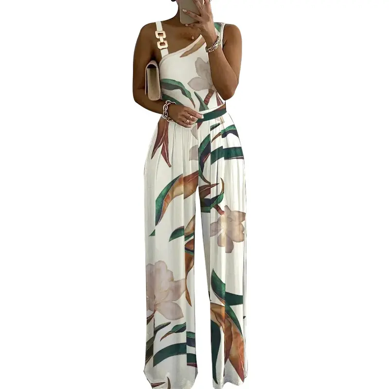 Women's Floral Print Ring Linked Asymmetrical Neck Plicated Jumpsuit, Boho Casual High Waist Wide Leg Jumpsuit for Summer, Summer Clothes 2025 0