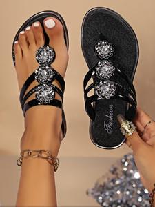 Women's Fashionable Rhinestone Decorated Slides, Casual Comfortable Flat Sandals for Summer, Lightweight Breathable Slides for Indoor & Outdoor Wear, Walking Shoes