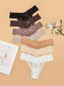 Women's 7pcs Contrast Lace Sheer Nylon Thong, Soft Comfy Breathable Contrast Mesh Knicker for Daily Wear, Fashion Underwear for All Seasons