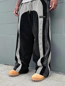 Men's Colorblock Letter Patched Drawstring Waist Corduroy Pants, Loose Casual Comfy Straight Leg Trousers for Daily Wear, Fashion Men's Bottoms for All Seasons, Casual Streetwear Trousers