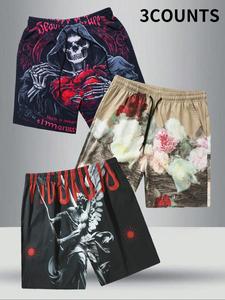 Men's Floral & Skeleton Print Beach Shorts, Casual Comfy Swim Shorts for Summer, Men's Shorts for Beach Vacation