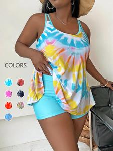 【Plus Size】Tie Dye Print Cami Top & Shorts Summer Tankinis Set, Summer Clothes, Casual Sleeveless Spaghetti Strap Top & Shorts, Women's Plus Size Swimsuit, Tankini Swimsuits Women, Tankini Outfit