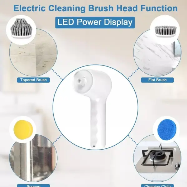 Powerful Electric Spin Scrubber – Cordless Turbo Cleaning Brush with LED Display, 5 Replaceable Heads + 1 Velcro Head, IPX7 Waterproof, Rechargeable for Kitchen, Bathroom, Tile 2