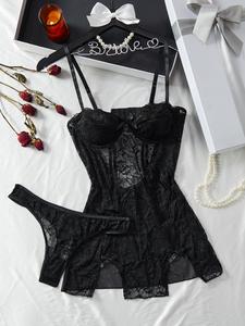 Women's 2pcs Plain Floral Lace Sheer Lingerie Set, Summer Outfits, Summer Clothes Women, Sexy Bow Decor Cut Out Backless Adjustable Strap Cami Dress & Thong Lingerie Set, Women's Underwear Set for Summer, Womenswear