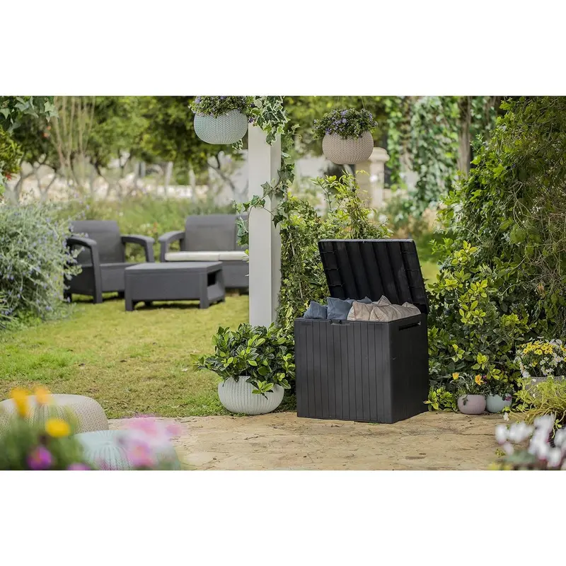 Keter City 113L Outdoor 96% recycled Small Balcony Garden Furniture Storage Box Grey Wood Panel Effect | Fade Free | All Weather Resistant | Safe and Secure | Zero Maintenance | 2 year Warranty 4