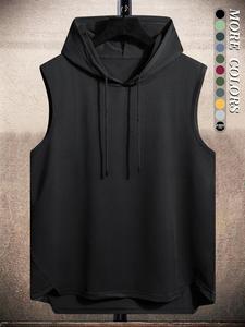 Men's Plain Drawstring High Low Hem Hooded Tank Top, Regular Fit Casual Sleeveless Vest, Going Out Top, National Day Clothing