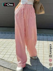 Women's Wide Leg Pants with Elastic Drawstring Waist, Casual Striped Straight-Leg Long Pants, Spring & Fall Fashion