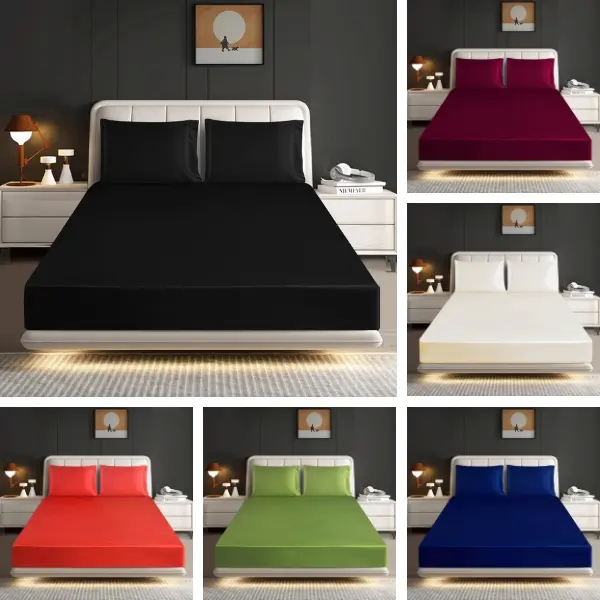 Luxury Satin Fitted Sheet Set – Ultra-Soft 40cm Extra Deep – Includes 2 Pillowcases – Single, Double, King – White & More Colors