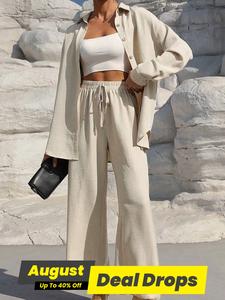Two-Piece Set Women's Solid Button Front Shirt & Drawstring Waist Wide Leg Pants, Casual Drop Shoulder Long Sleeve Top & High Waist Trousers For Spring & Fall, Ladies Clothes For Daily Wear