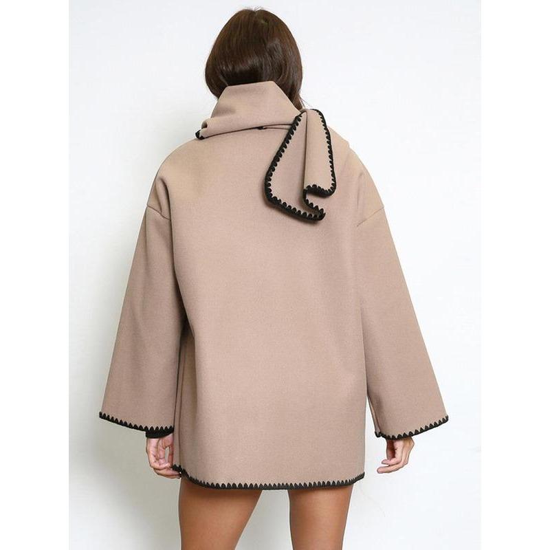 Women's Solid Button Front Drop Shoulder Coat with Scarf, Casual Long Sleeve Contrast Binding Outerwear for Fall & Winter, Ladies Clothes for Daily Wear 4