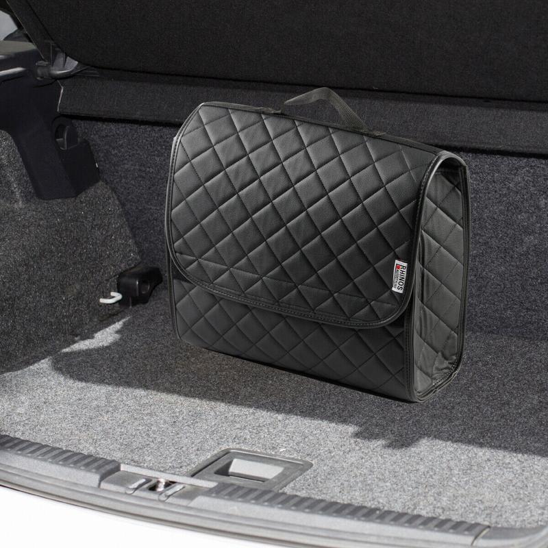 COMPATIBLE WITH CLASSIC MINI - Boot Tidy Organiser Compact Storage Car Trunk Anti Slip Bag Leather Square Quilted Black - Gift Idea 1