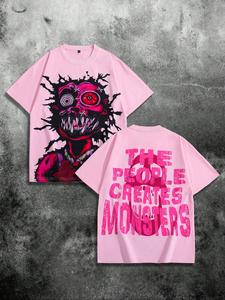Men's Regular Fit The People Create Monsters Print Round Neck Tee, Street Fashion Casual Short Sleeve T-shirt for Daily Wear, Men's Summer Clothes, Top