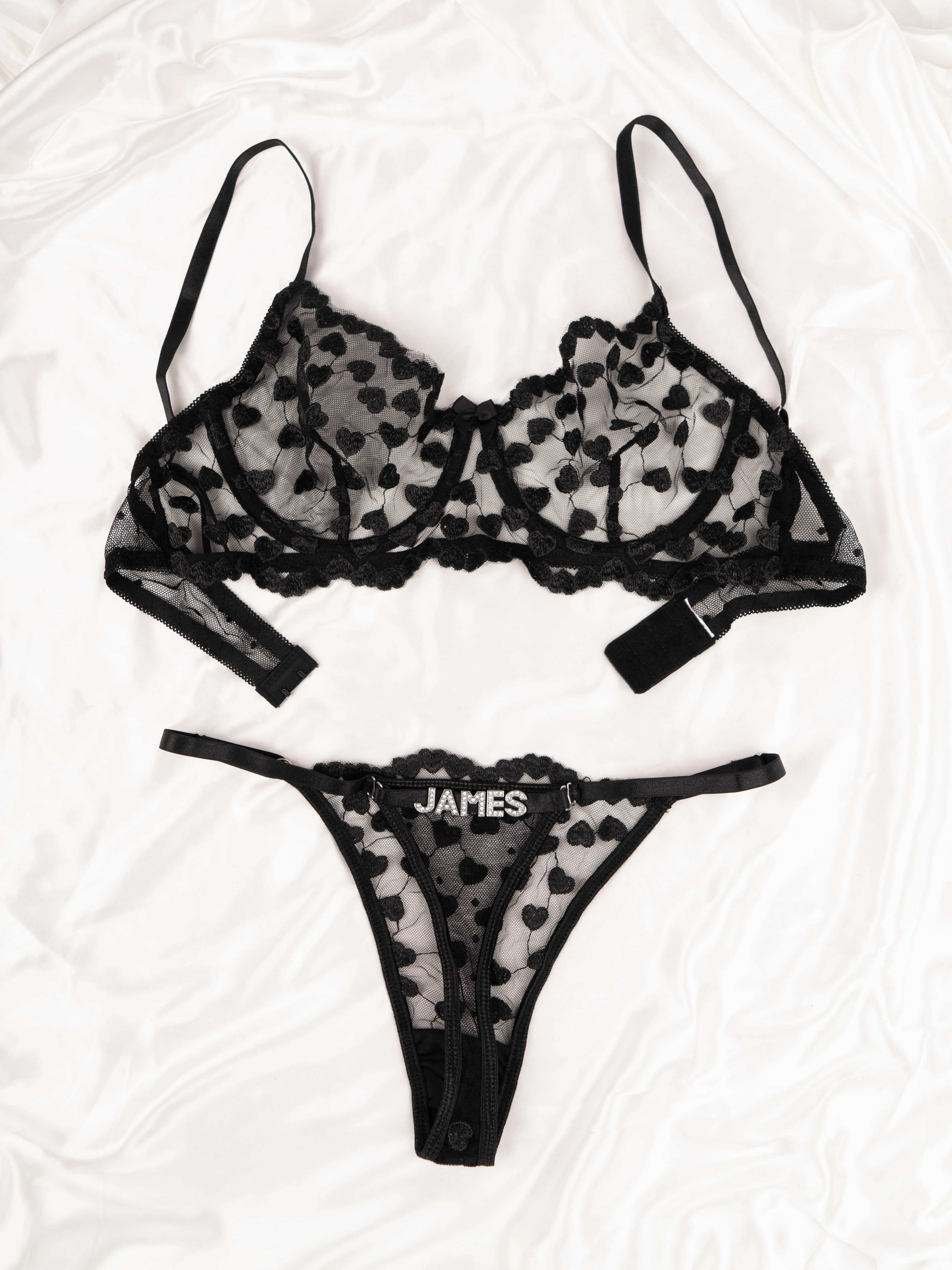 Custom Lingerie Set Personalised Thong & Bra  Embroidered Name Thong  Anniversary Gift for Him & Boyfriend Unique Intimates Black