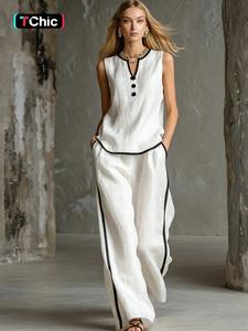 Women's Summer Loose Fit Set, V-Neck Fake Button Contrast Edge Sleeveless Top and Wide Leg Pants, 2-Piece for Casual Wear, Womenswear