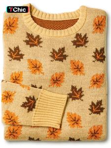 Women's Halloween Themed Leaf Print Drop Shoulder Sweater As Halloween Gift, Casual Long Sleeve Round Neck Jumper for Fall, Fashion Ladies' Knitwear for Daily Wear