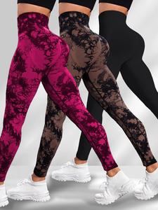 Women's Plain & Tie Dye Print Ruched High Waist Sports Leggings, Sporty Comfy Breathable Skinny Tummy Control Pants for Yoga Gym Workout Running