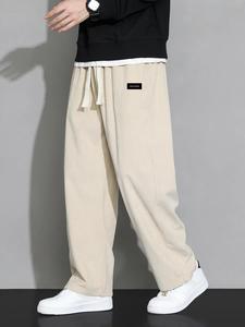 Men's Solid Patched Drawstring Waist Corduroy Pants, Regular Fit Casual Pocket Straight Leg Trousers for Fall & Winter, Men's Bottoms for Daily Wear
