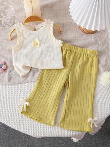 Baby's Floral Decor Tank Top & Bow Decor Pants Two-piece Set, Cute Sleeveless Top & Trousers for Baby Girls, Newborn Infant Kids Spring & Fall Clothes