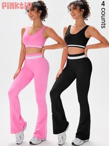 Women's Colorblock Sports Bra & Flare Leg Pants Two-piece Set, for Yoga Gym Workout, Essentials Tracksuit, Ladies Sportswear for All Seasons