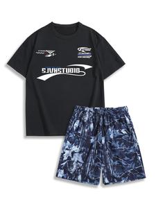Two-Piece Set Men's Solid Short Sleeve Tee & Printed Shorts Set, Casual Round Neck T-shirt & Track Shorts, Summer Clothes Set for Men
