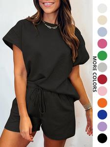 Two-Piece Set Women's Solid Textured Batwing Sleeve T-shirt & Drawstring Waist Shorts Set, Casual Round Neck Short Sleeve Top & Pocket Design Shorts for Summer, Ladies Clothes for Daily Wear, Womenswear