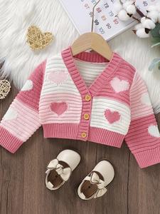 Baby's Patchwork Heart Print Button Front Cardigan, Cute Long Sleeve Knitwear for Spring & Fall, Newborn Infant Kids Clothes, Baby Clothes Girl