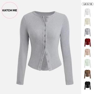 Katch Me Look Women's Minimalist Solid Color Button Front Ribbed Cardigan, Cozy Casual Long Sleeve Round Neck Knitwear, Basic Comfort Crewneck Womenswear