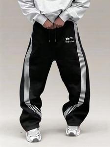 Men's Letter & Stars & Striped Print Drawstring Waist Sweatpants, Regular Fit Casual Street Elastic Waist Pants for Fall & Winter, Men's Trousers for Daily Wear, Sports Sweatpants, Sports Bottoms, Tracksuit Pants