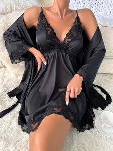 Women's Plain Contrast Lace Pyjama Set, Elegant Cami Nightdress & Belted Lounge Robe, Fashion Summer Clothes Women, Womens Clothes, Ladies Sleepwear & Loungewear, Pajama Sets Women, Women's Clothes