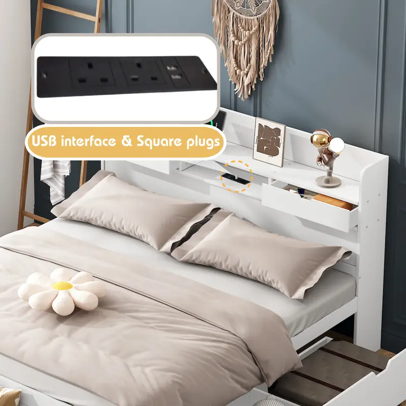 Double bed, Double Bed-4ft6(135*190cm), With USB port & drawers & storage cabinet, Children's bed, Youth bed, Multifunctional bed, Large storage space, without mattress, white 3