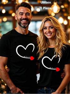 Couple's Heart Print Short Sleeve Tee, Casual Fashion Round Neck T-shirt for Daily Outdoor Wear, Couple Clothing for Spring & Fall