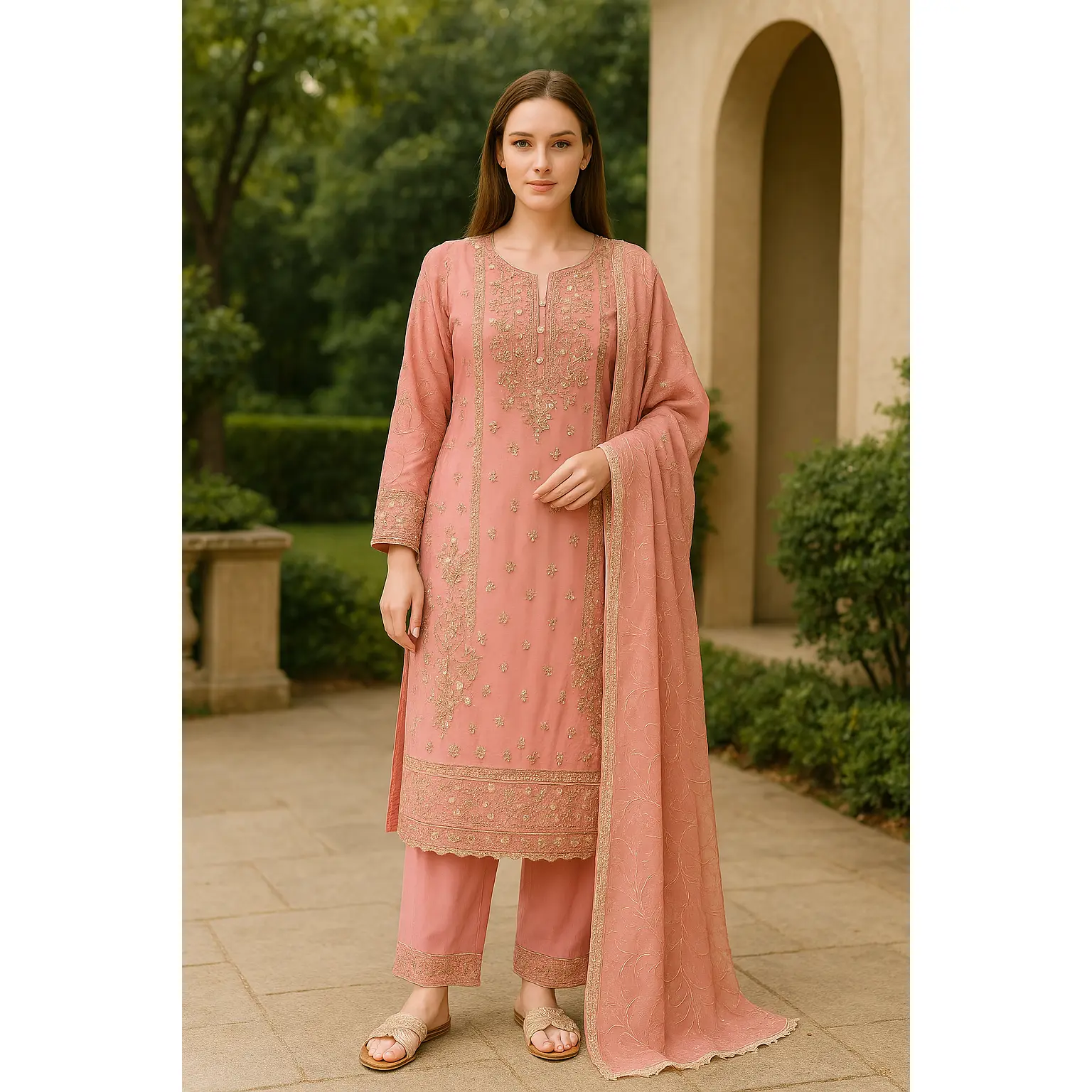 Chiffon 3pc in pink with gold Embroidered front