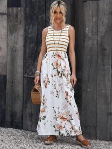 Women's Floral & Striped Print Round Neck Tank Dress, Boho Sleeveless Long Dress for Beach Holiday Vacation, Ladies Summer Clothes