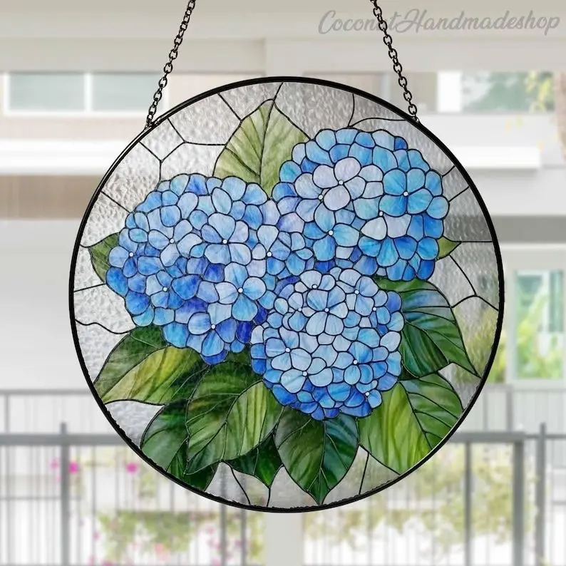 Hydrangea Flower Glass Suncatcher, Floral Hanging Window, Hydrangea Glass Ornament, Birth Month Flower Gift, Gift for Her, Mothers Gift 5