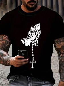 Men's Prayer Hand Gesture Print Round Neck Tee, Loose Casual Short Sleeve T-shirt for Summer, Men's Top for Daily Wear